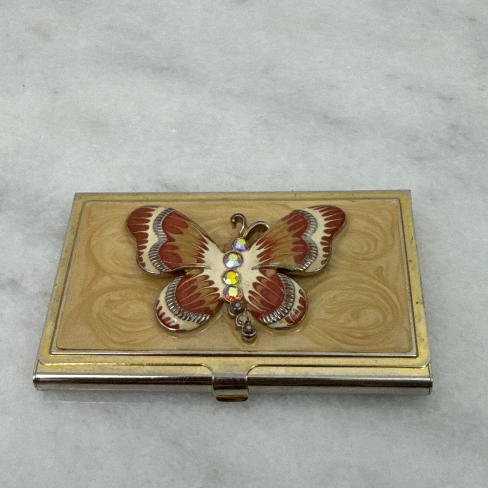 Orange Butterfly Gold Business Card Case Rhinestone Detail
